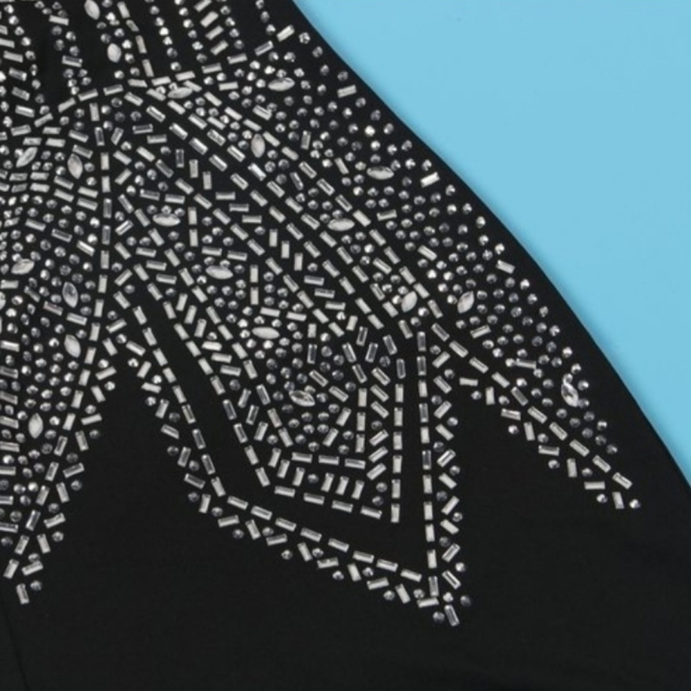 Holiday Party Black Embellished Beaded Romper V-Neck Halter Stretchy - Picture 12 of 15